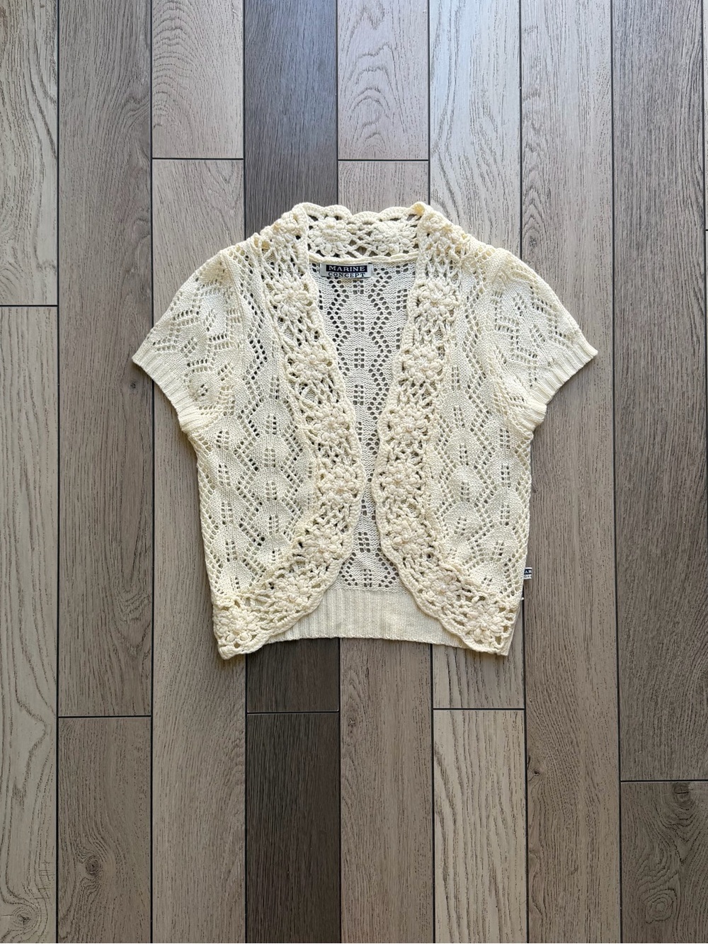 Vintage Marine Concept Marble Cream Crochet Short-Sleeve Open Cardigan O/S